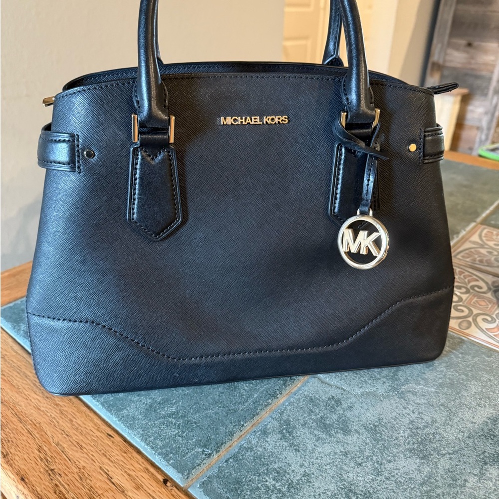 Michael Kors Black Saffiano Structured Leather Satchel with Gold Hardware